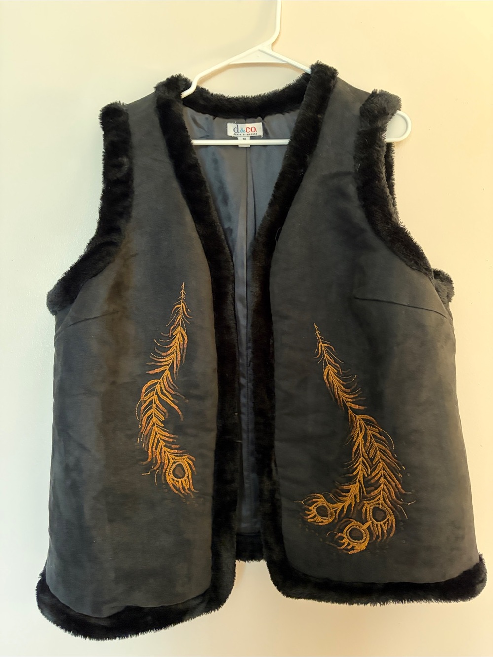 Denim&Co Black Faux-Shearling Vest with Gold Feather Embroidery
